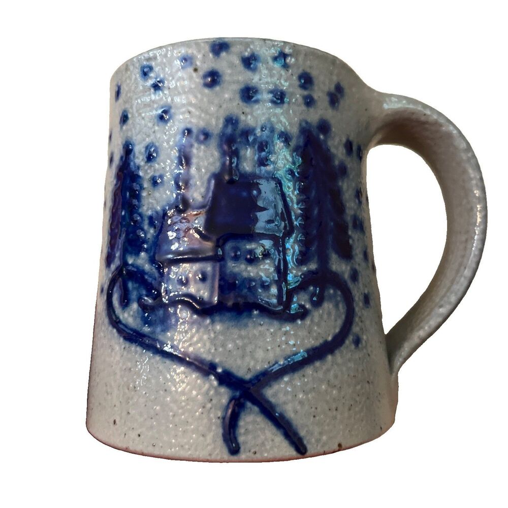 ELDRETH Pottery  Mug Cup Salt Glaze Cobalt Blue Signed 2013 Gray Home Primitive